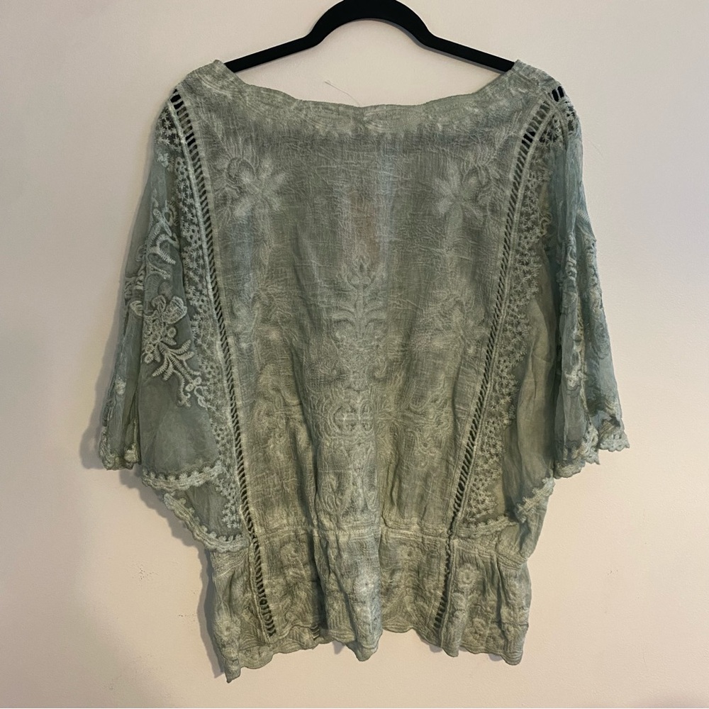 Democracy Green Blouse with Flutter Sleeves and Ruffled Style - Picture 2 of 7